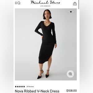 NWT Michael Stars Long Sleeve Nova Ribbed V-Neck Dress, Black, XS